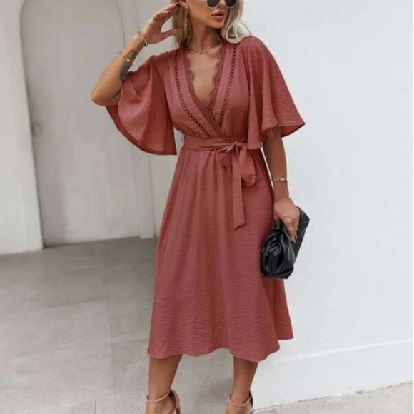 SHEIN Dresses & Skirts - A Line Deep V Midi Dress in Terracotta
